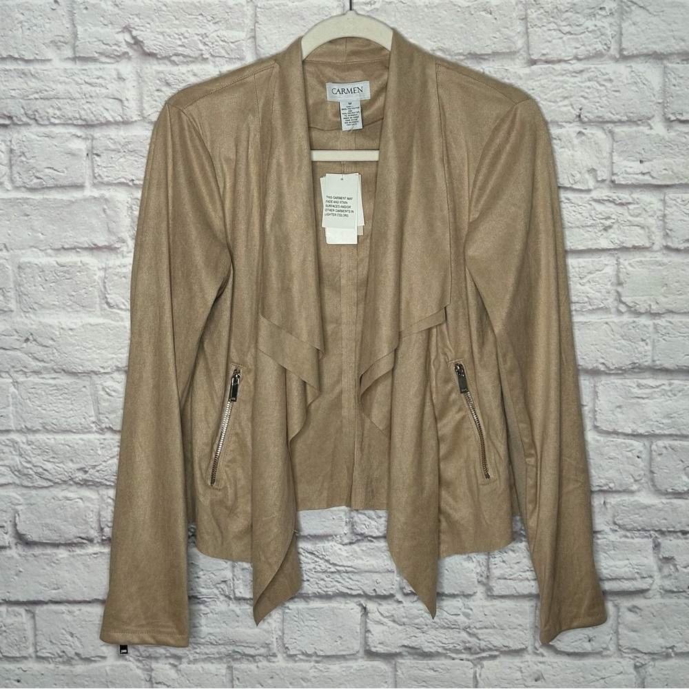 NWT Carmen Marc Valvo Faux Suede Draped Open Front Jacket- Zip Pockets - Picture 4 of 15